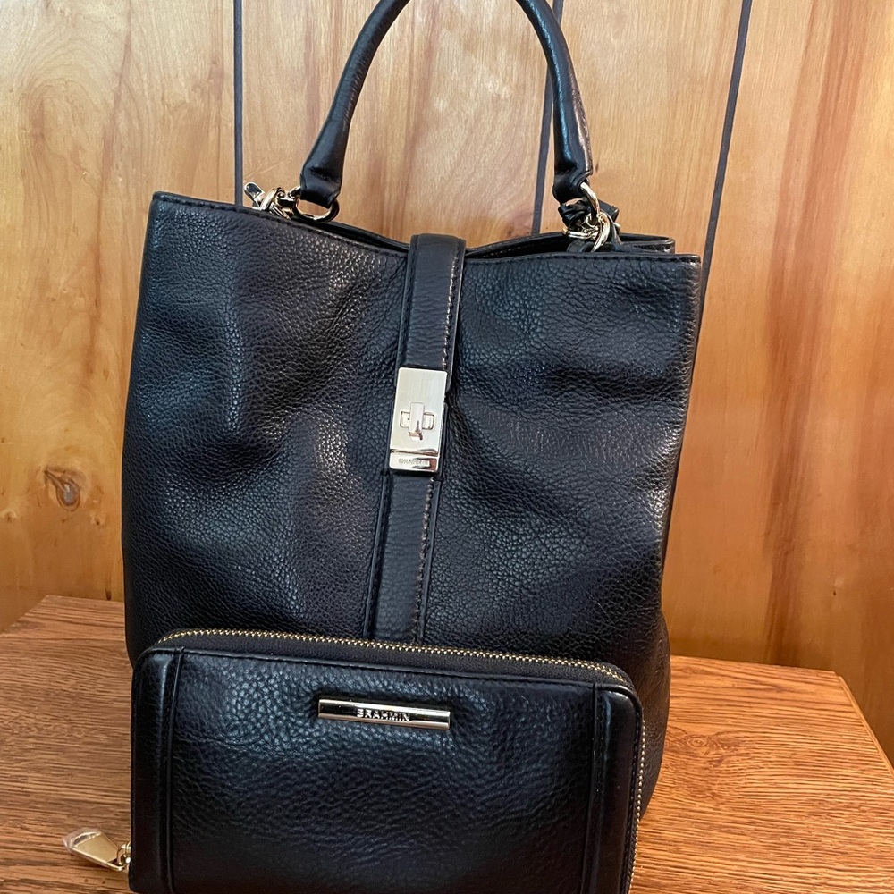 Brahmin Black Leather Bucket Bag with Gold Accents and Matching Wallet